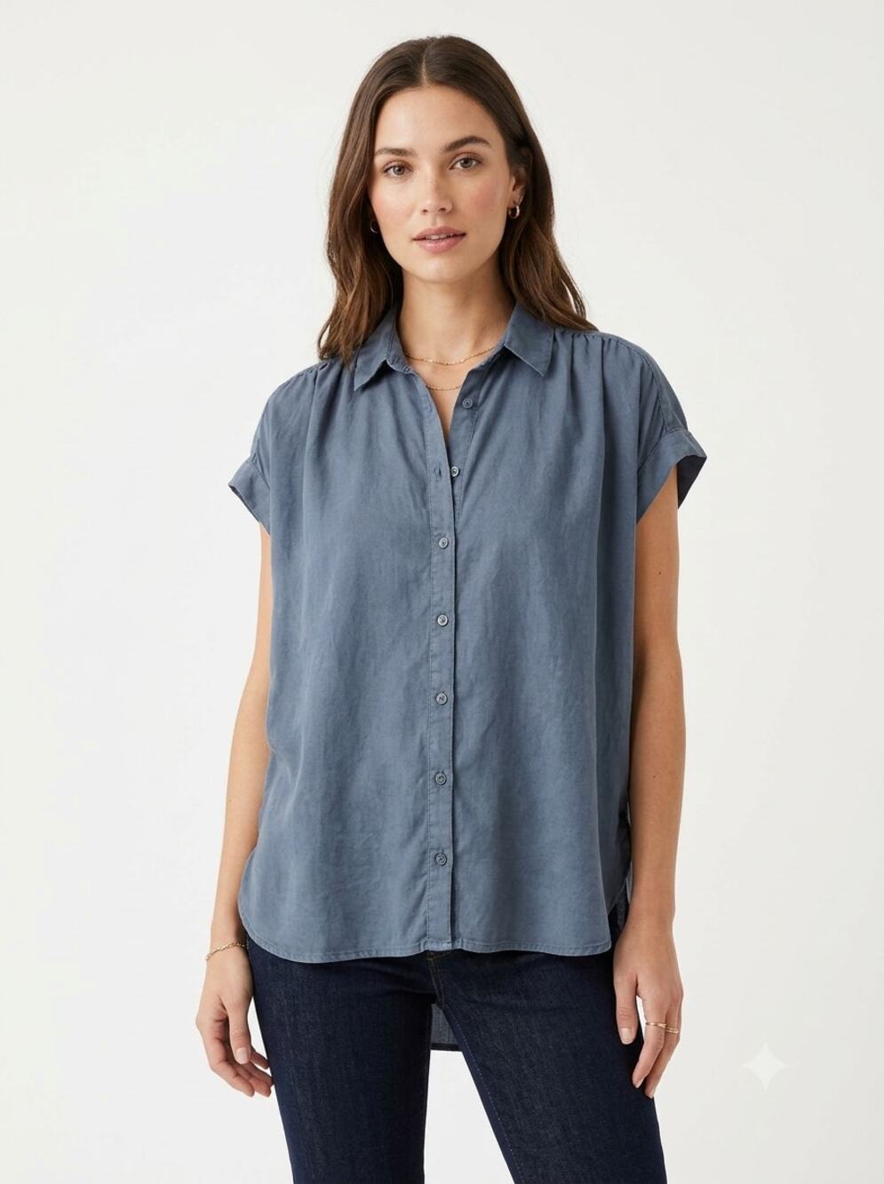 Quince Vintage Wash Tencel Camp Shirt Women's XL Midnight Blue Navy Short Sleeve